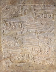 Relieve que representa la descarga de madera después del transporte por mar, del Palacio de Sargón II, Khorsabad, Irak
